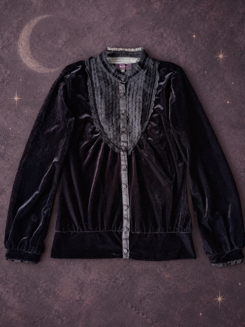 VTG Y2K Whimsigoth Woman Black Velvet Ruffle Lace Button Down Top Romantic